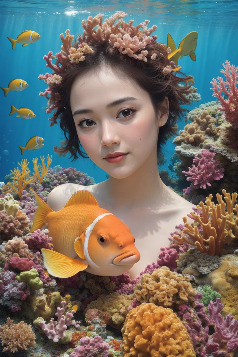 01072-1459933840-An underwater  bust portrait of a woman composed of exotic fish and sea creatures like pink seahorses, orange clownfish, yellow.png